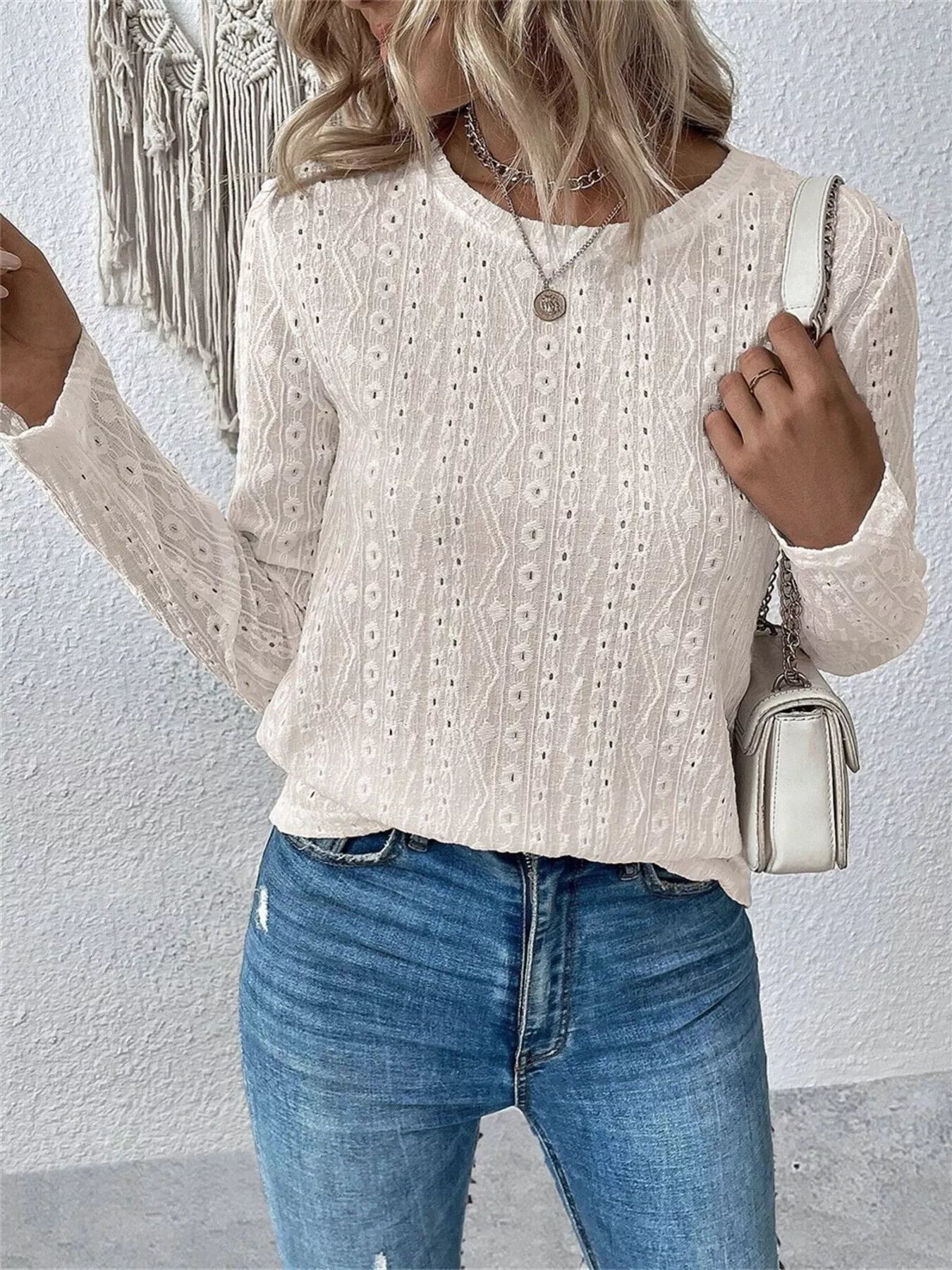 Full Size Eyelet Round Neck Long Sleeve Blouse Plus Size -  Be Bliss Boutique