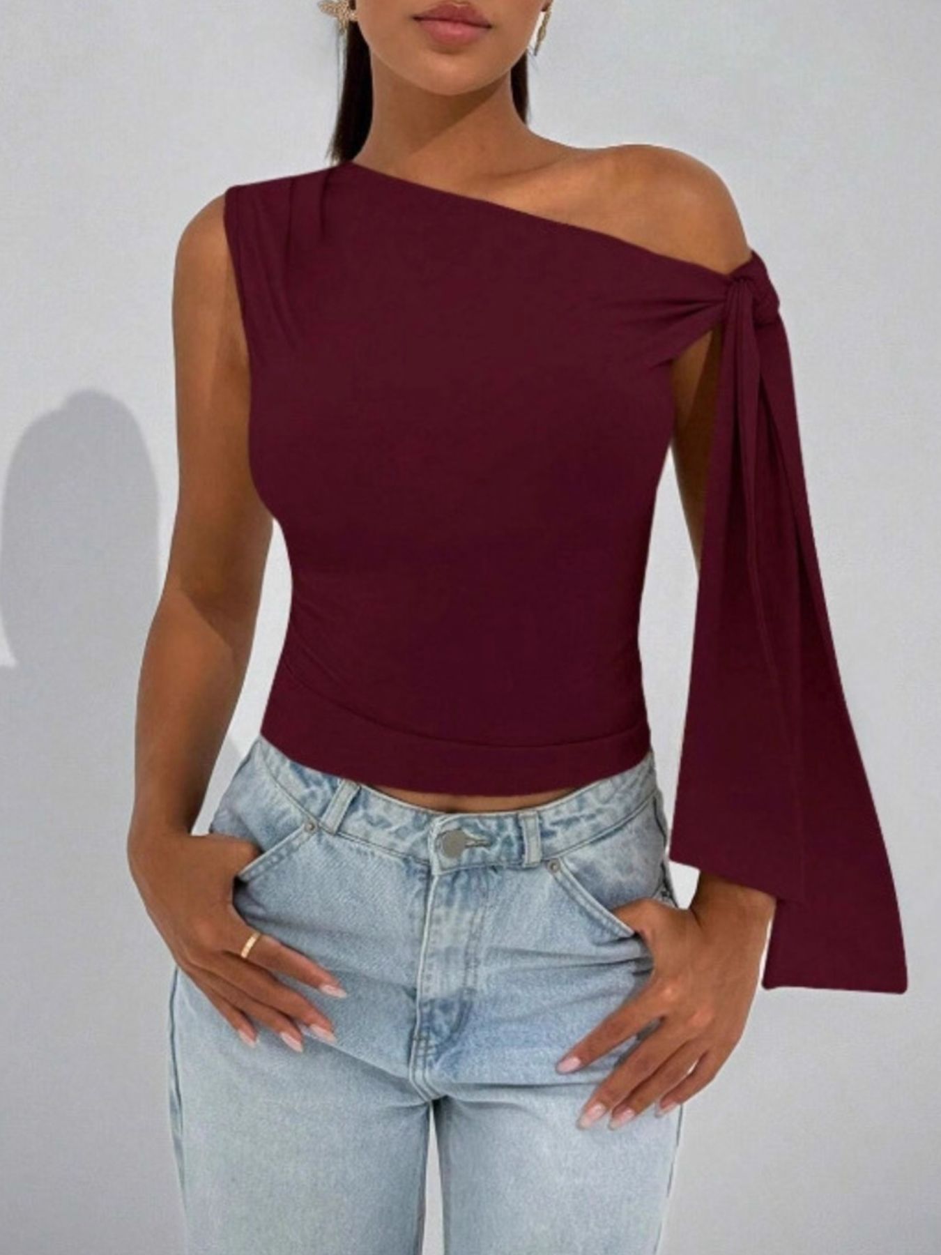 Tie Detail One Shoulder Top - Be Bliss Boutique