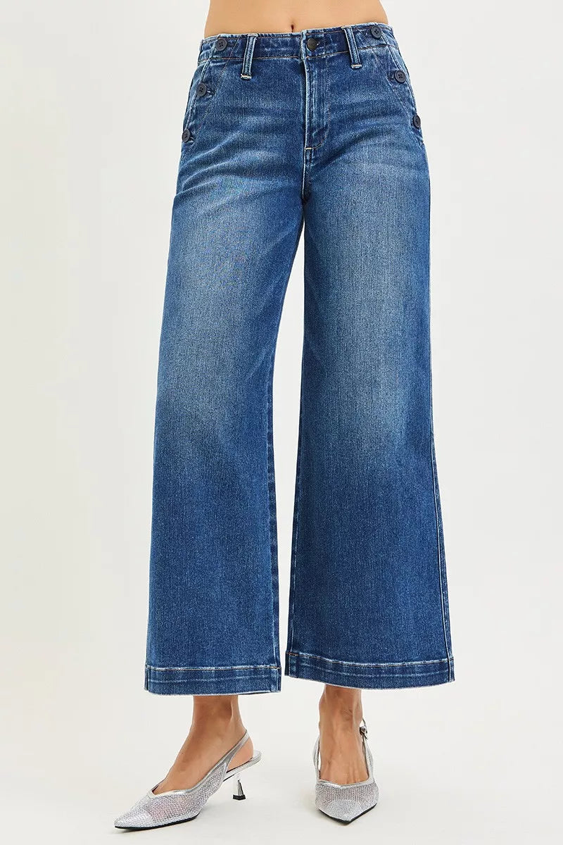 RISEN Jeans - High Rise Wide Leg Jeans With Pocket Button Detail - Be Bliss Boutique