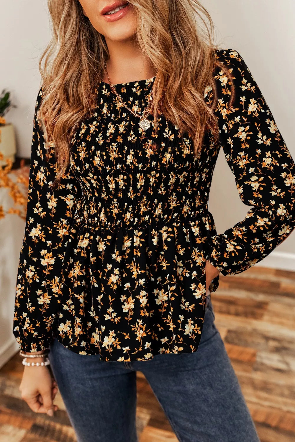 Women's Floral Print Smocked Waist Long Sleeve Blouse - Be Bliss Boutique