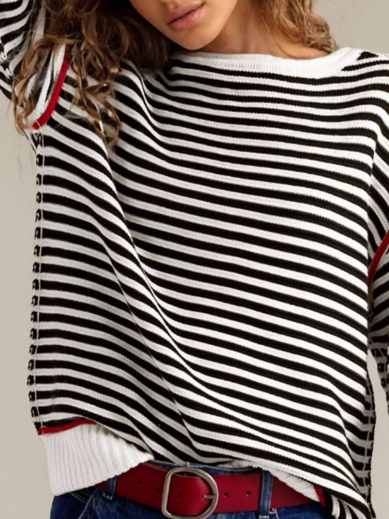 Striped Round Neck Long Sleeve Sweater -  Be Bliss Boutique