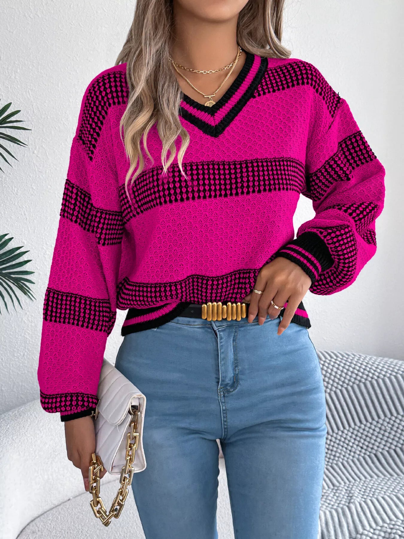 Contrast Striped V-Neck Sweater - Be Bliss Boutique