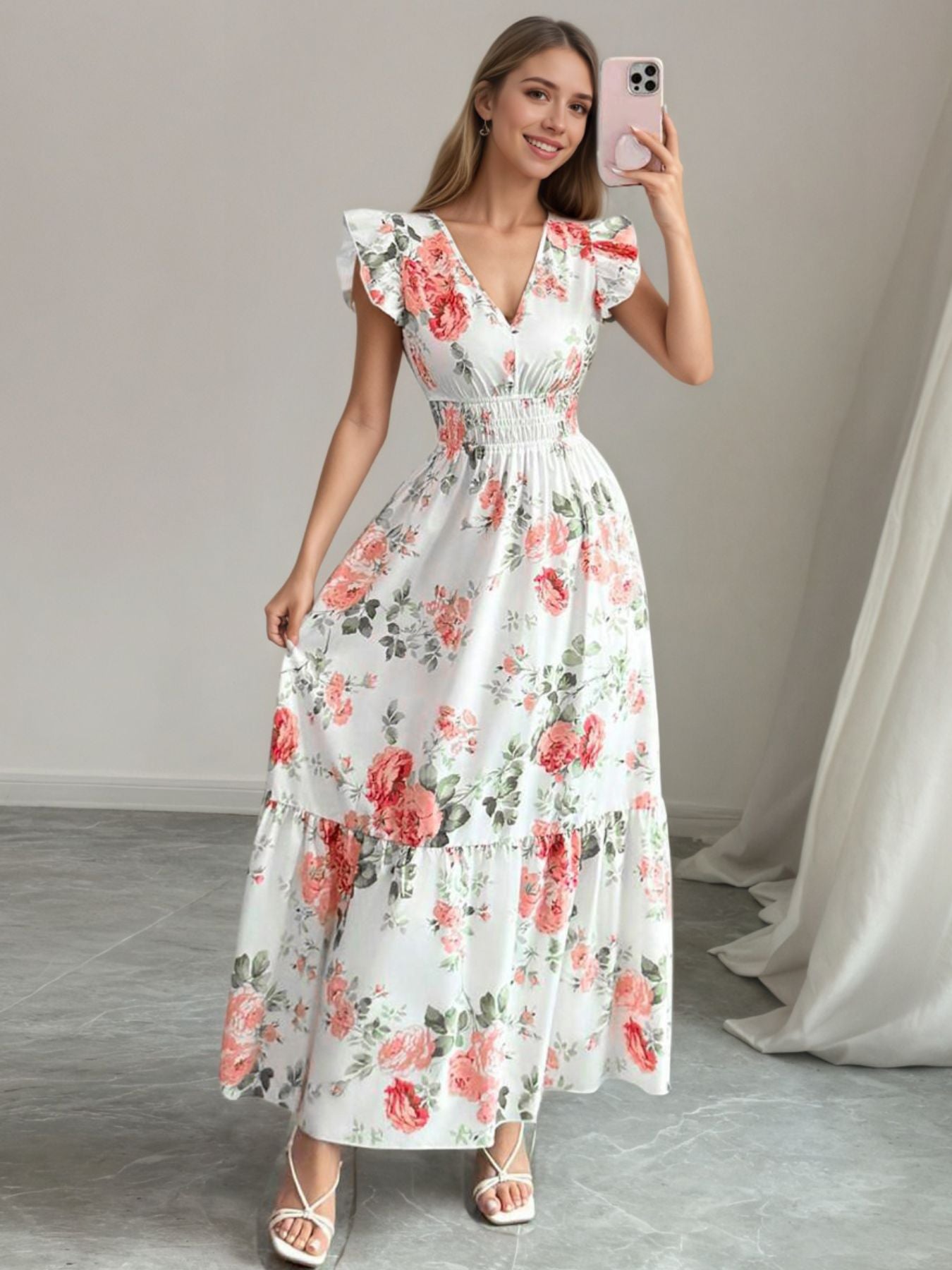 Floral Print Ruffle Sleeve Tiered Maxi Dress - Be Bliss Boutique