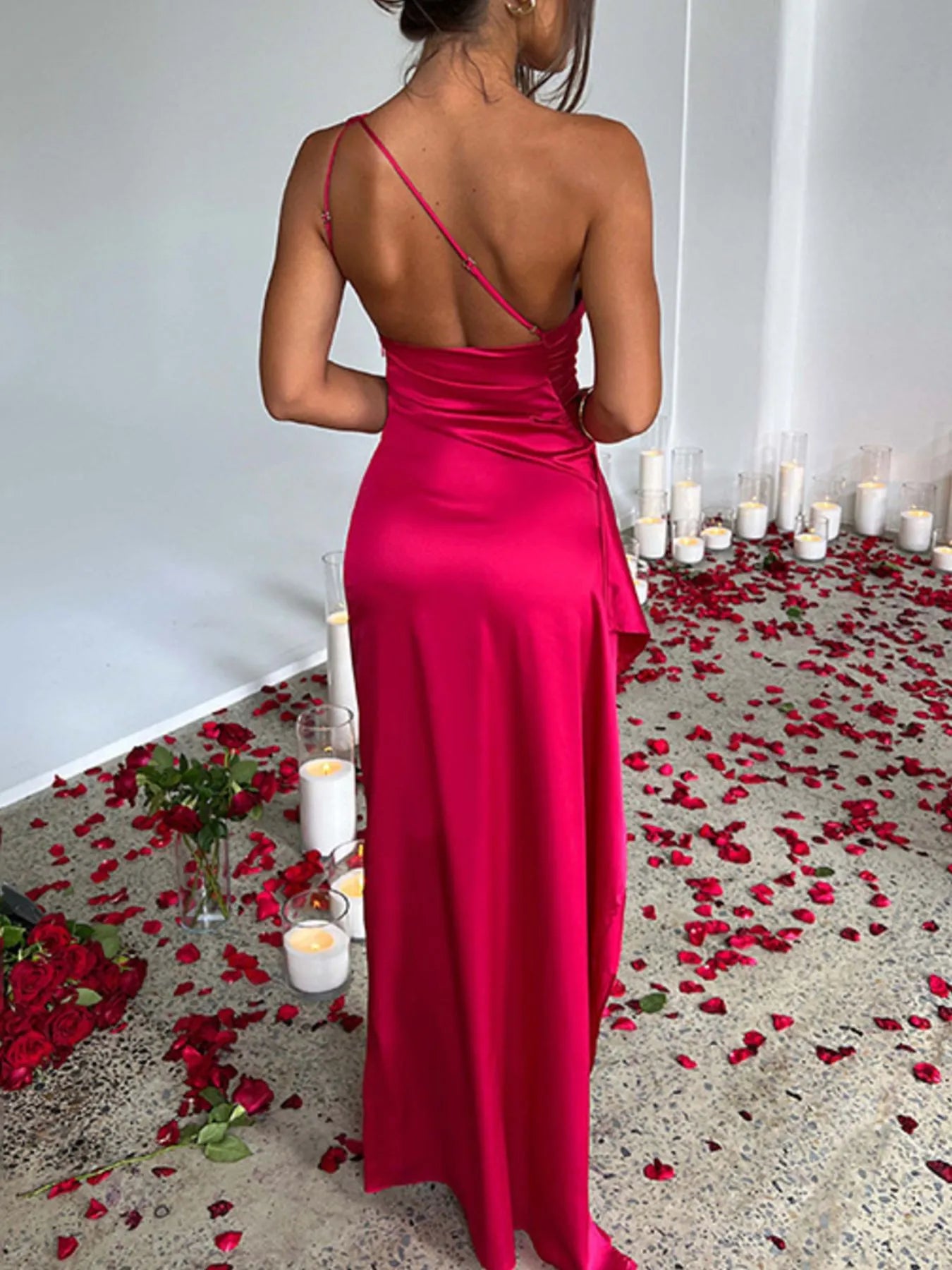 One Shoulder Satin Dress with High Slit - Be Bliss Boutique