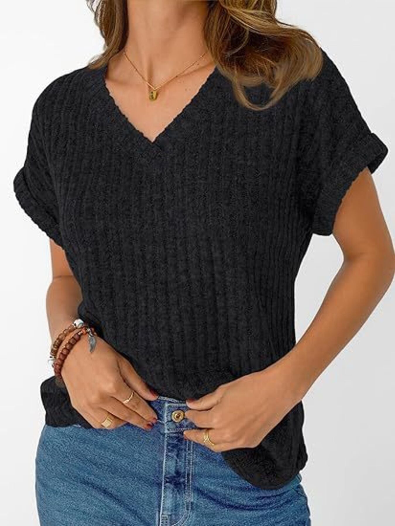 Ribbed Knit V Neck Relaxed Fit T Shirt - Be Bliss Boutique