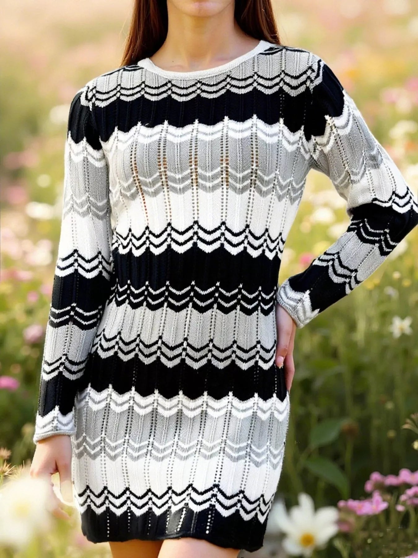 Openwork Wave Pattern Long Sleeve Sweater Dress -  Be Bliss Boutique