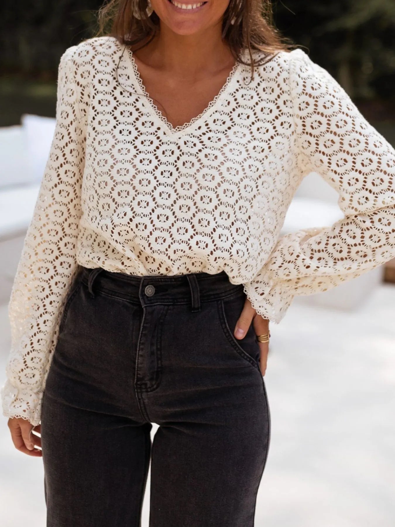 Crochet Lace V-Neck Long Sleeve Blouse -  Be Bliss Boutique