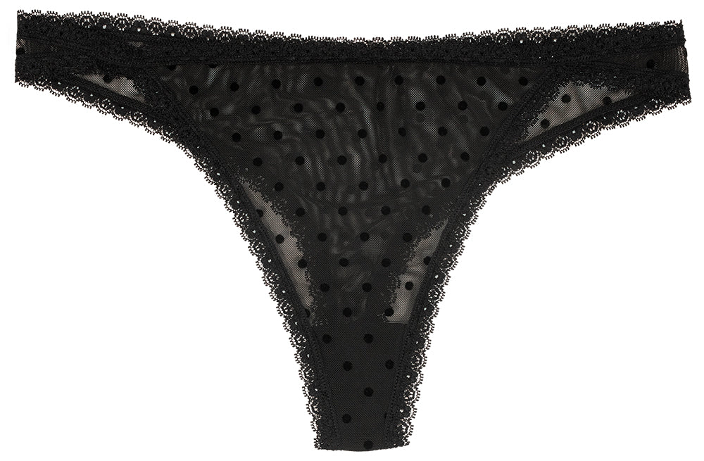 Flocked Polka Dot Mesh Thong with Lace Details - Be Bliss Boutique