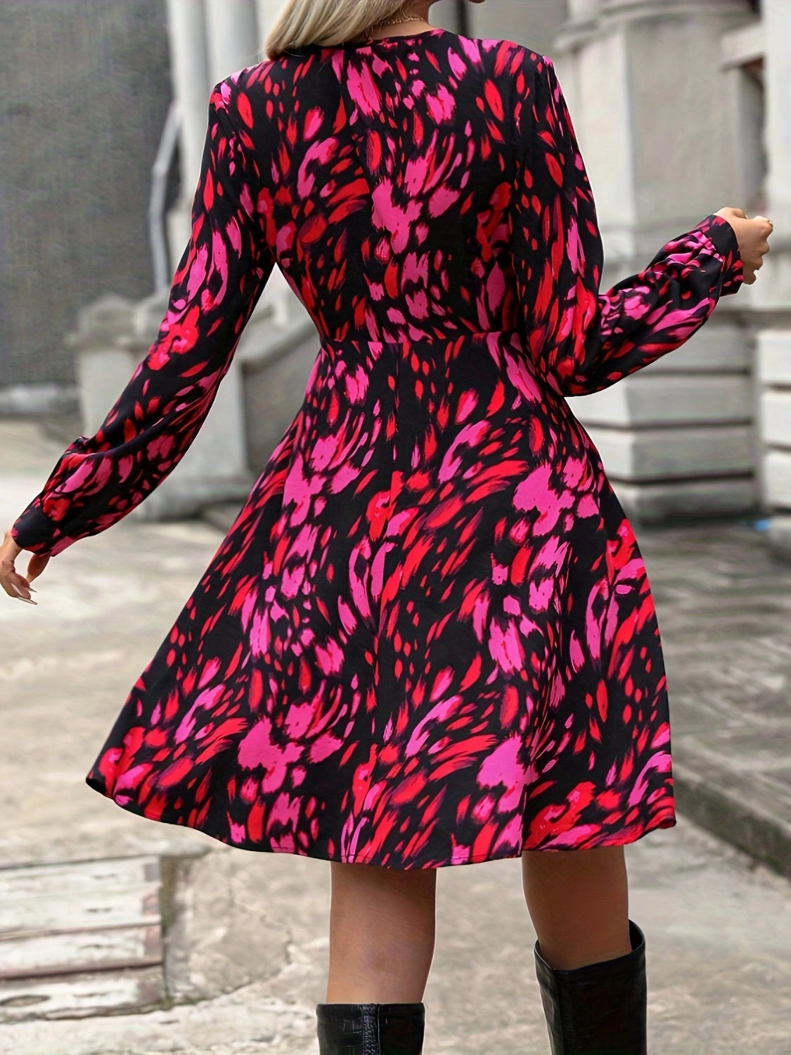 Printed Surplice Long Sleeve Dress