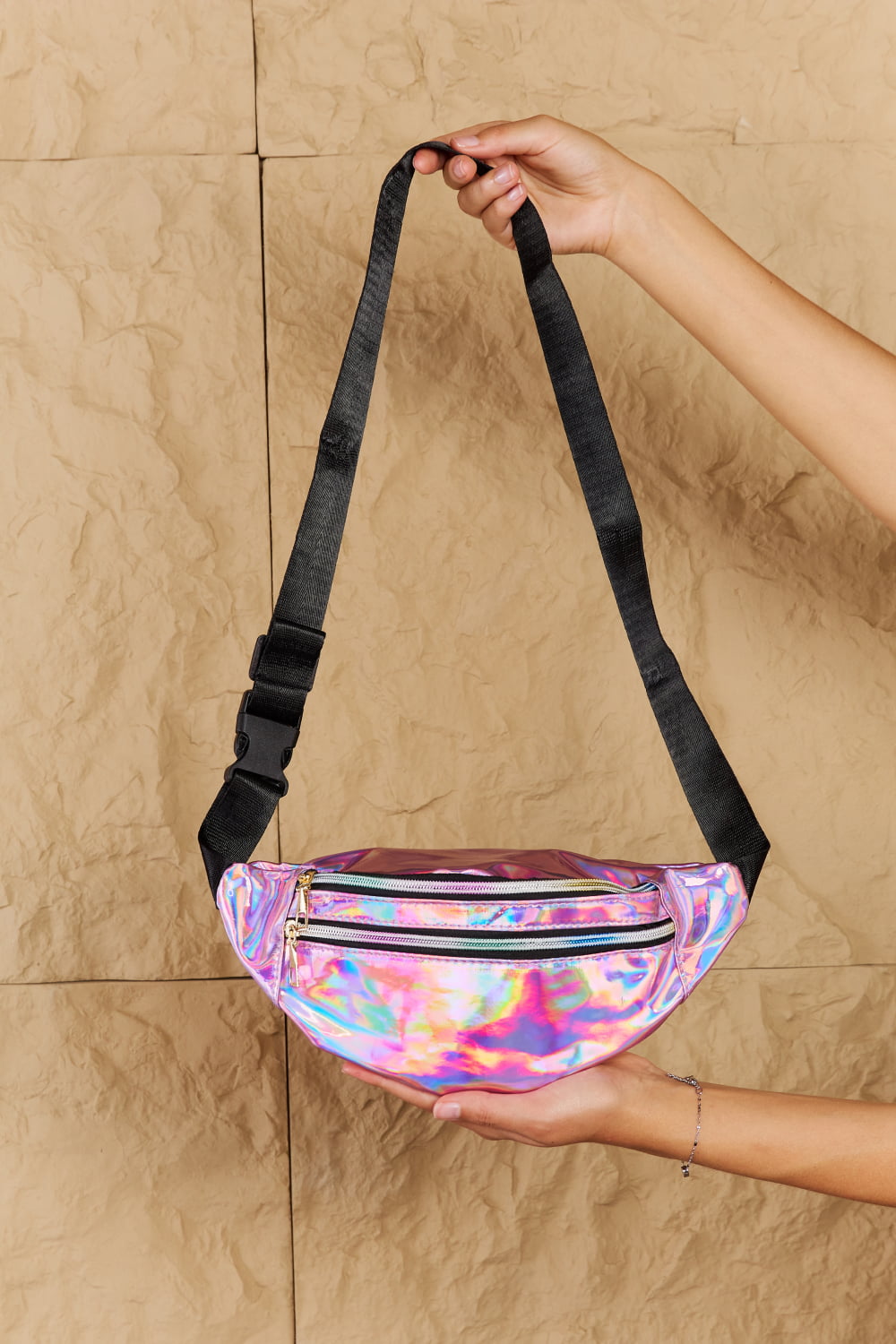 Fame Good Vibrations Holographic Hot Pink Double Zipper Fanny Pack in Hot Pink