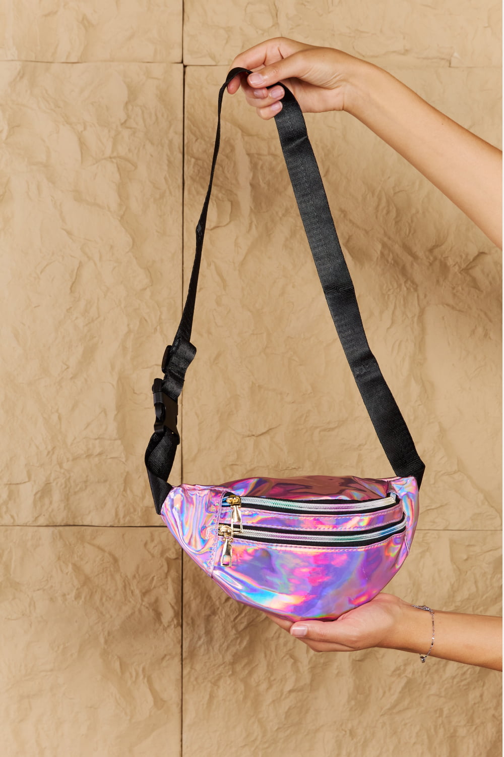 Fame Good Vibrations Holographic Hot Pink Double Zipper Fanny Pack in Hot Pink